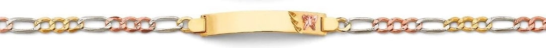 NEW 14K TRI COLOR GOLD FIGARO BUTTERFLY ID BRACELET: NEW 14K TRI COLOR GOLD FIGARO BUTTERFLY ID BRACELET FIGARO BUTTERFLY ID BRACELET NEW 14K TRI COLOR GOLD LENGTH - 7.5in Apx WEIGHT - 5.8g