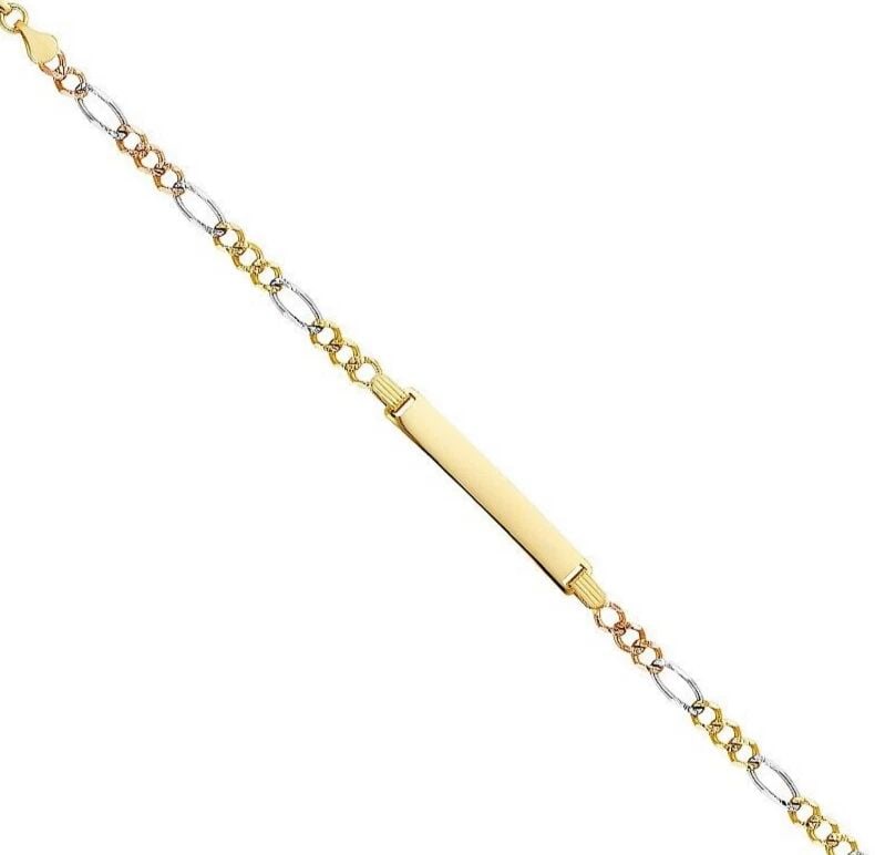 NEW 14K TRI COLOR GOLD FIGARO 3+1 ID BRACELET: NEW 14K TRI COLOR GOLD FIGARO 3+1 ID BRACELET FIGARO 3+1 ID BRACELET NEW 14K TRI COLOR GOLD LENGTH - 7.5in Apx WEIGHT - 5.7g