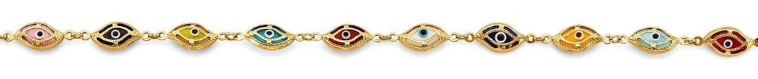 NEW 14K YELLOW GOLD MIXED COLOR EVIL EYE BRACELET: NEW 14K YELLOW GOLD MIXED COLOR EVIL EYE BRACELET MIXED COLOR EVIL EYE BRACELET NEW 14K YELLOW GOLD LENGTH - 7.5in Apx WEIGHT - 5.6g