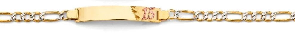 NEW 14K TWO TONE GOLD FIGARO WP 15 YEARS ID BRACELET: NEW 14K TWO TONE GOLD FIGARO WP 15 YEARS ID BRACELET FIGARO WP 15 YEARS ID BRACELET NEW 14K TWO TONE GOLD LENGTH - 7.5in Apx WEIGHT - 5.6g