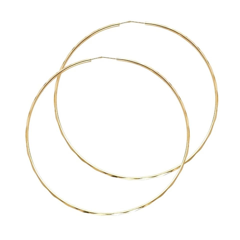 NEW 14K YELLOW GOLD 1.5MM FACETED ROUND TUBE HOOP EARRINGS (55MM): NEW 14K YELLOW GOLD 1.5MM FACETED ROUND TUBE HOOP EARRINGS (55MM) 1.5MM FACETED ROUND TUBE HOOP EARRINGS (55MM) NEW 14K YELLOW GOLD HEIGHT - 55 mm WIDTH - 55 mm Apx WEIGHT - 4.3 g