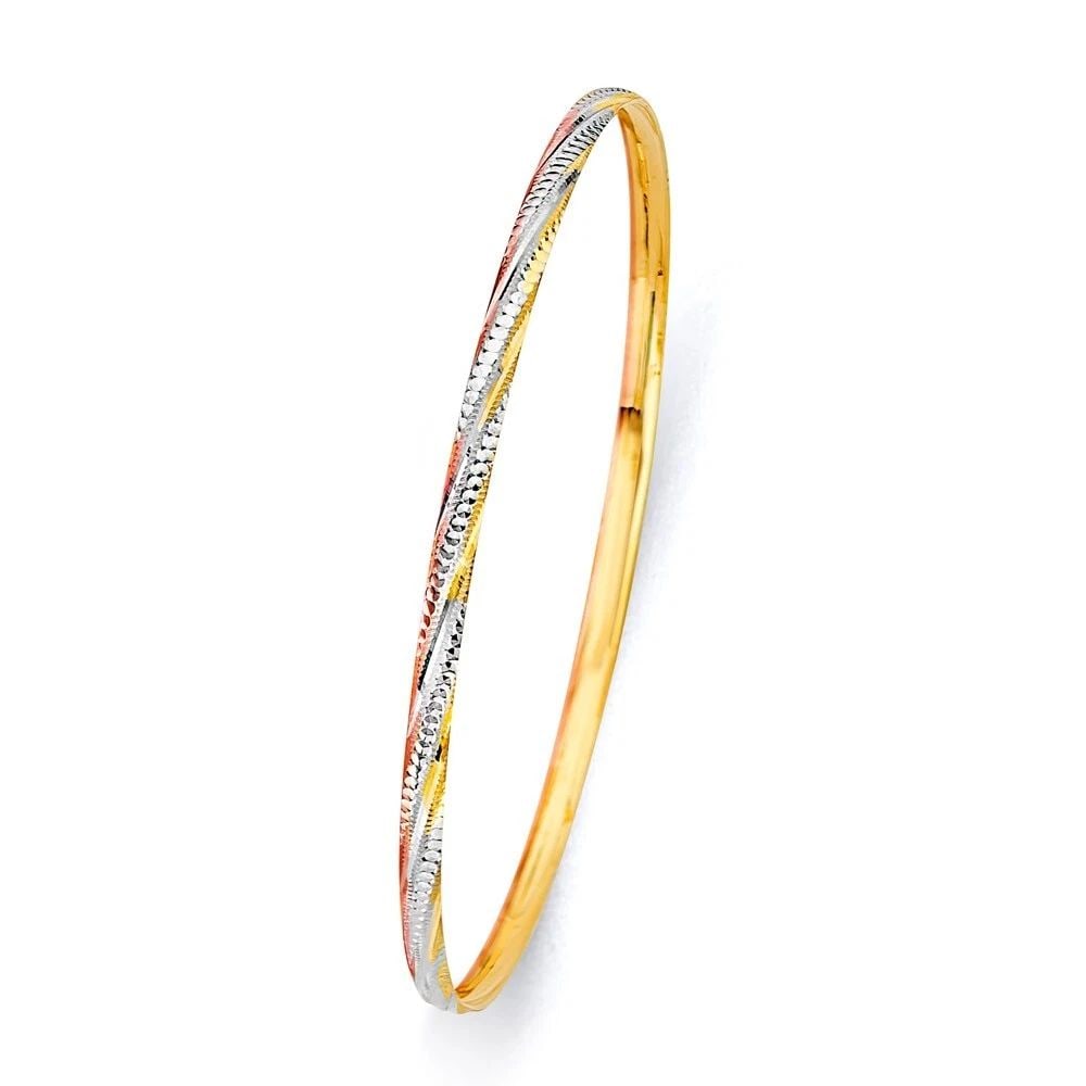 NEW 14K TRI COLOR GOLD 3mm CONCAVE HALF DOME SOLID BANGLE: NEW 14K TRI COLOR GOLD 3mm CONCAVE HALF DOME SOLID BANGLE CONCAVE HALF DOME SOLID BANGLE NEW 14K TRI COLOR GOLD LENGTH - 7in Apx WEIGHT - 4g