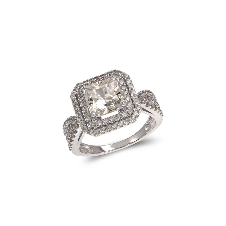 NEW 14K WHITE GOLD LADIES FANCY WHITE PRINCESS CUT SOLITAIRE DOUBLE HALO RING: NEW 14K WHITE GOLD LADIES FANCY WHITE PRINCESS CUT SOLITAIRE DOUBLE HALO RING LADIES FANCY WHITE PRINCESS CUT SOLITAIRE DOUBLE HALO RING NEW 14K WHITE GOLD Apx. WIDTH: 7.5mm Apx. WEIGHT: 5.3g