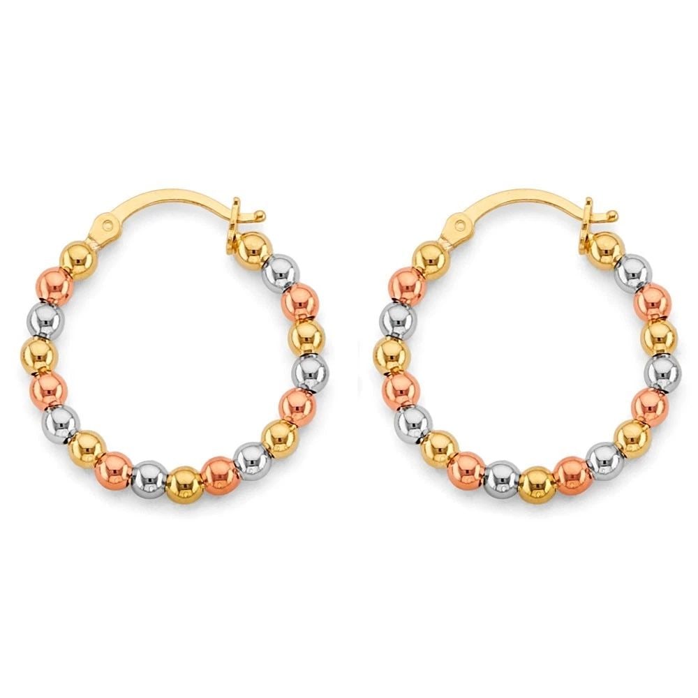 NEW 14K TRI COLOR GOLD POLISH BEAD HOOP EARRINGS: NEW 14K TRI COLOR GOLD POLISH BEAD HOOP EARRINGS POLISH BEAD HOOP EARRINGS NEW 14K TRI COLOR GOLD Height : 25 mm Width : 25 mm Weight : 4g