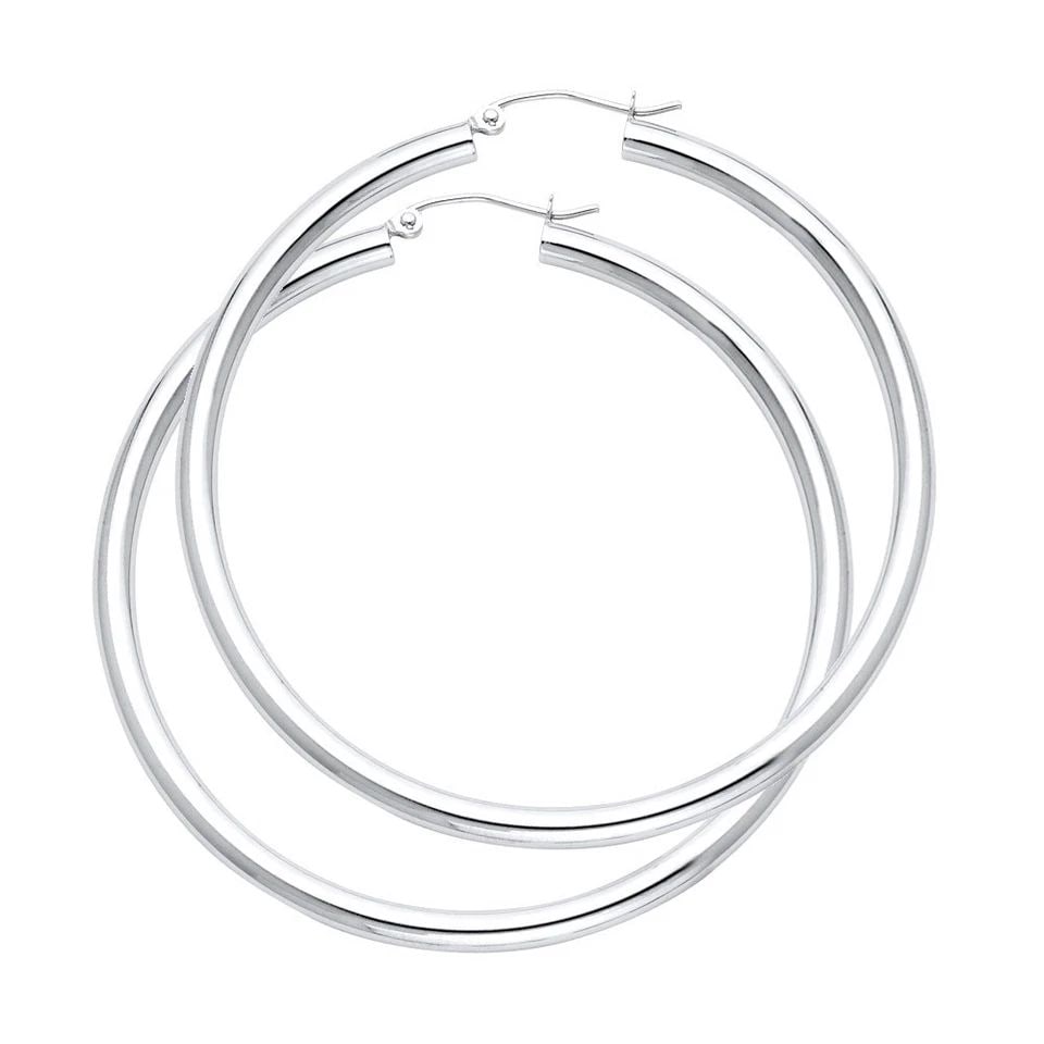 NEW 14K WHITE GOLD 3MM PLAIN HOOP EARRINGS: NEW 14K WHITE GOLD 3MM PLAIN HOOP EARRINGS 3MM PLAIN HOOP EARRINGS NEW 14K WHITE GOLD Height : 55 mm Width : 55 mm Weight : 3.9g
