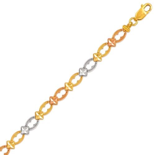 NEW 14K TRICOLOR GOLD FACETED DIAMOND CUT BRACELET: NEW 14K TRICOLOR GOLD FACETED DIAMOND CUT BRACELET FACETED DIAMOND CUT BRACELET NEW 14K TRICOLOR GOLD LENGTH: 7" inch AVERAGE Apx WEIGHT: 5.1g