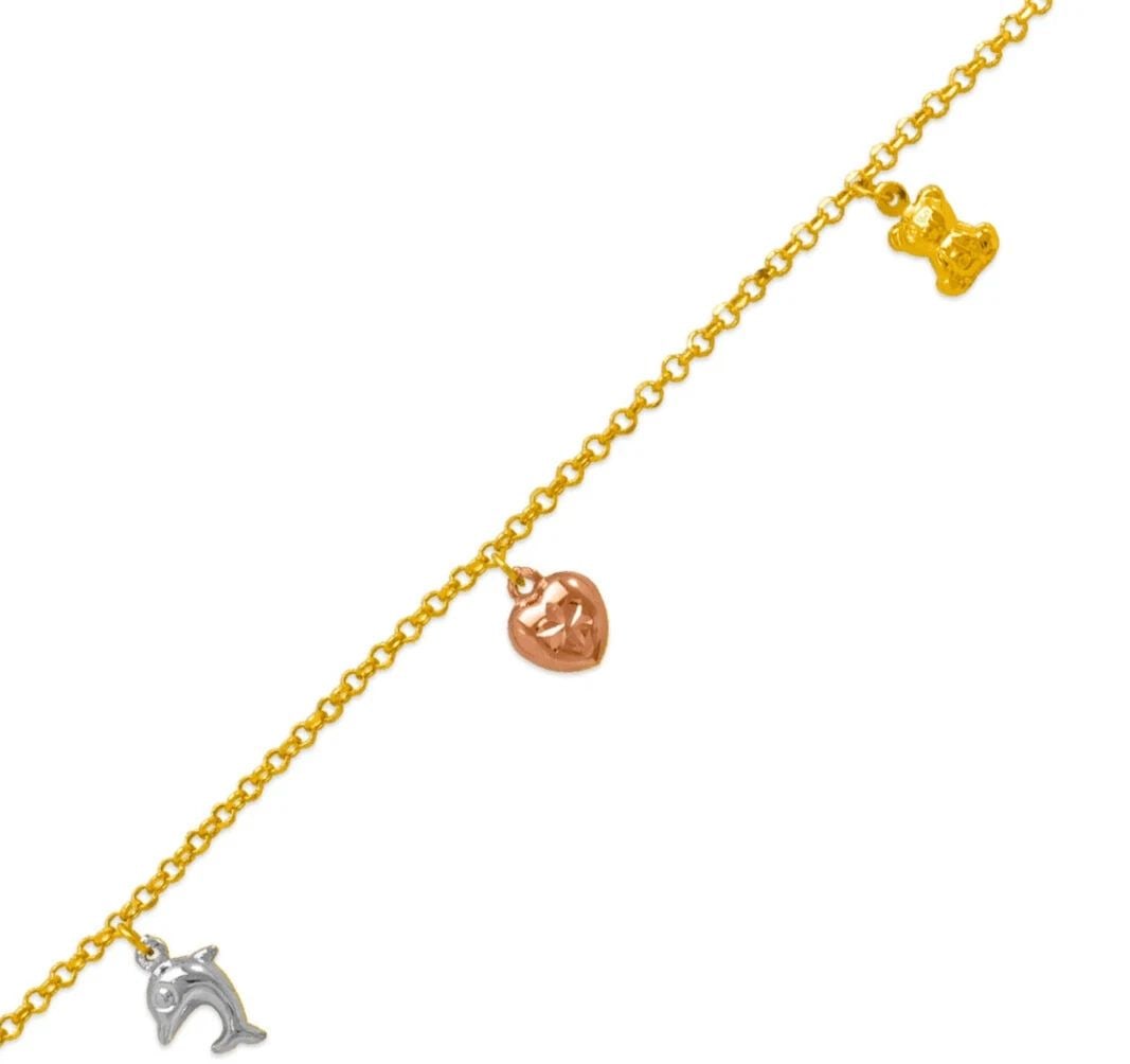 NEW 14K TRI COLOR GOLD DOLPHIN BEAR HEART CHARM ANKLET: NEW 14K TRI COLOR GOLD CHARM ANKLET 14K Tri color Gold Approx. 2.2mm Link Approx. 10mm Charm 10" Long High Polished/Diamond Cut Lobster Lock Weight: 3.4 Grams