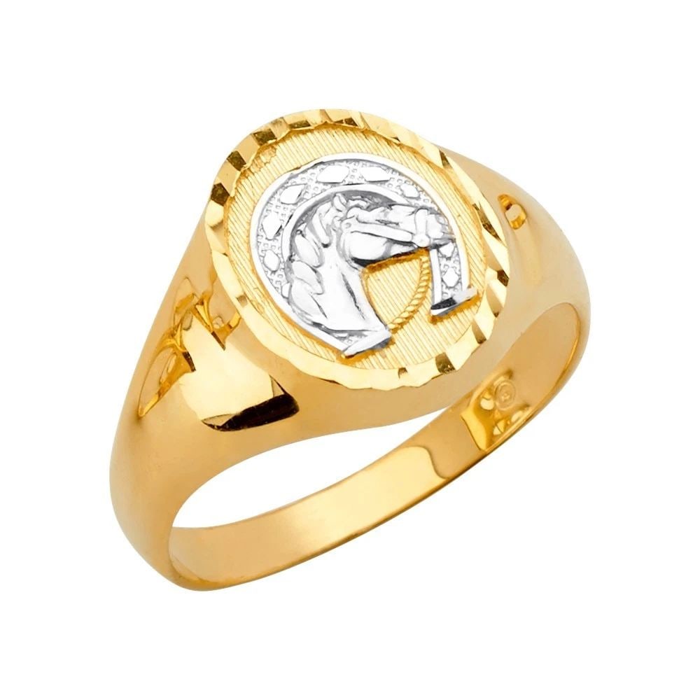 NEW 14K TWO TONE GOLD ROUND MEN'S RING WITH HORSE SHOE - SIZE 10: NEW 14K TWO TONE GOLD ROUND MEN'S RING WITH HORSE SHOE ROUND MEN'S RING WITH HORSE SHOE NEW 14K TWO TONE GOLD WIDTH : WEIGHT : 4.9g