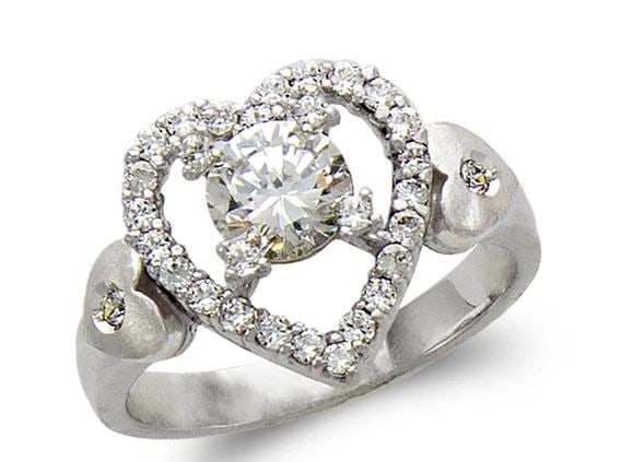 NEW 14K WHITE GOLD LADIES FANCY WHITE HEART SOLITAIRE RING: NEW 14K WHITE GOLD LADIES FANCY WHITE HEART SOLITAIRE RING LADIES FANCY WHITE HEART SOLITAIRE RING NEW 14K WHITE GOLD Apx. WIDTH: 14mm Apx. WEIGHT: 4.9g