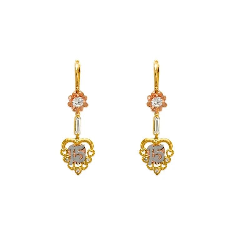 NEW 14K TRICOLOR GOLD FANCY 15 ANOS DANGLING EARRINGS: NEW 14K TRICOLOR GOLD FANCY 15 ANOS DANGLING EARRINGS FANCY 15 ANOS DANGLING EARRINGS NEW 14K TRICOLOR GOLD Width: Approx. 12x39mm Apx WEIGHT: 4.9g