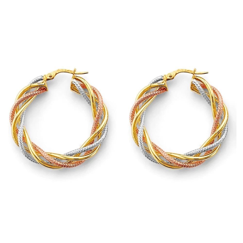 NEW 14K TRI COLOR GOLD BRAIDED HOLLOW HOOP EARRINGS: NEW 14K TRI COLOR GOLD BRAIDED HOLLOW HOOP EARRINGS BRAIDED HOLLOW HOOP EARRINGS NEW 14K TRI COLOR GOLD HEIGHT - 30 mm WIDTH - 30 mm Apx WEIGHT - 3.7 g