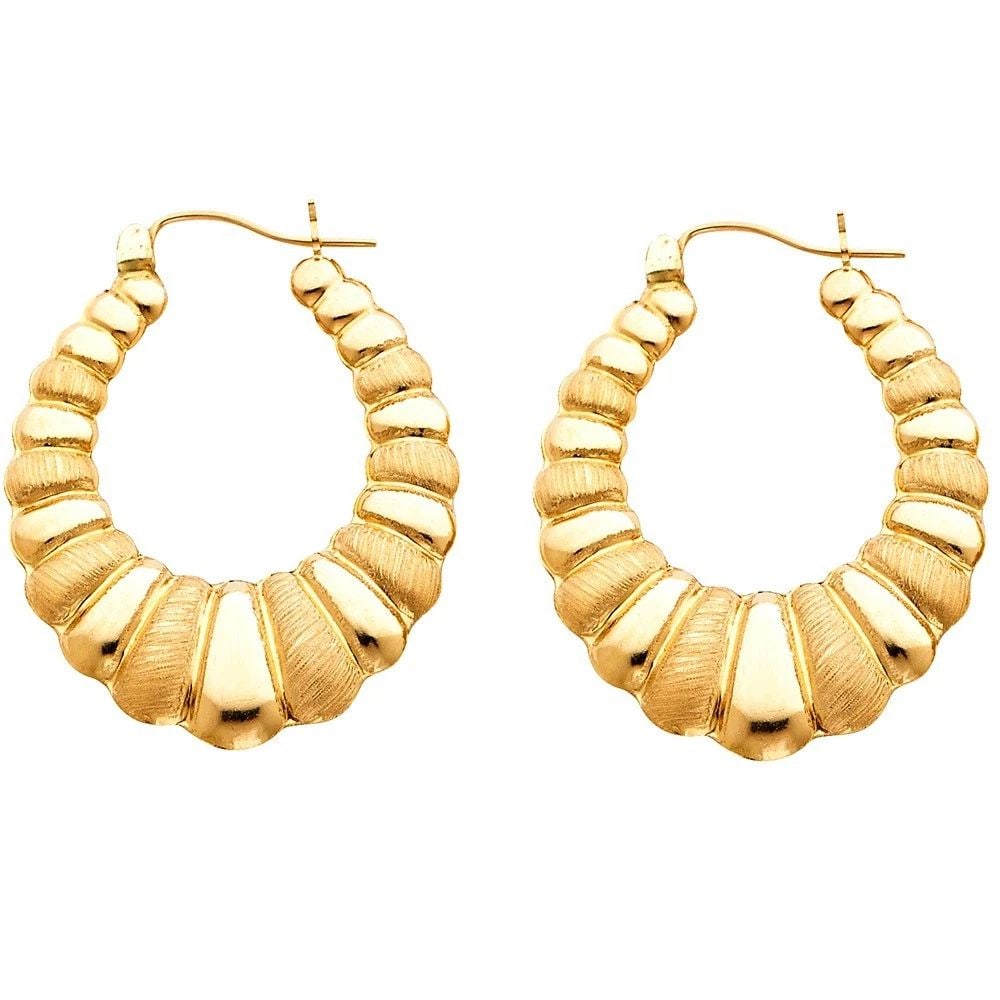 NEW 14K YELLOW GOLD FANCY HOLLOW HOOP EARRINGS: NEW 14K YELLOW GOLD FANCY HOLLOW HOOP EARRINGS FANCY HOLLOW HOOP EARRINGS NEW 14K YELLOW GOLD HEIGHT - 35 mm WIDTH - 30 mm Apx WEIGHT - 3.7 g