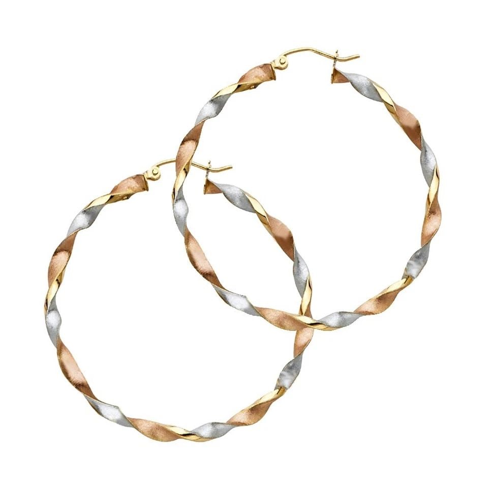 NEW 14K TRI COLOR GOLD CURLED HOLLOW HOOP EARRINGS: NEW 14K TRI COLOR GOLD CURLED HOLLOW HOOP EARRINGS CURLED HOLLOW HOOP EARRINGS NEW 14K TRI COLOR GOLD HEIGHT - 45 mm WIDTH - 45 mm Apx WEIGHT - 3.7 g