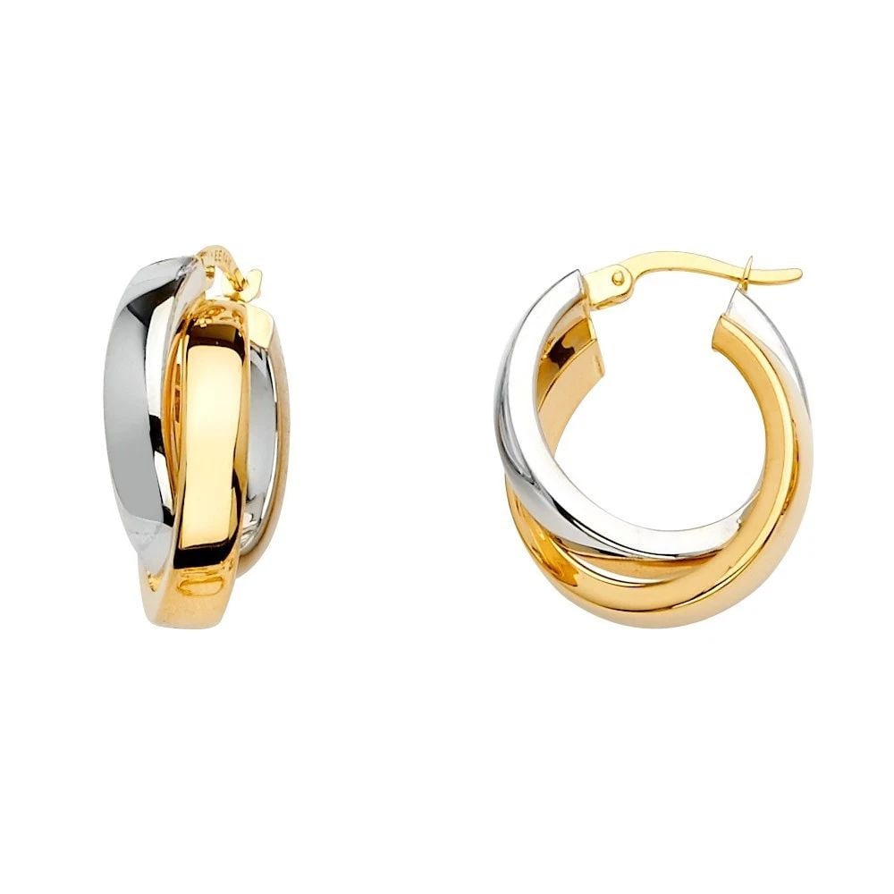 NEW 14K TWO TONE GOLD 2 LINE CROSSED HOOP EARRINGS (1 of 2)