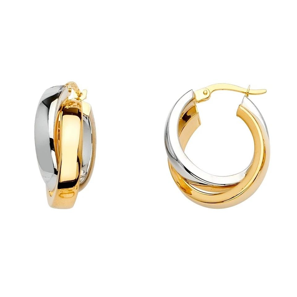 NEW 14K TWO TONE GOLD 2 LINE CROSSED HOOP EARRINGS - 2