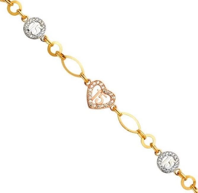 NEW 14K TRI COLOR GOLD 15 YEARS BRACELET: NEW 14K TRI COLOR GOLD 15 YEARS BRACELET 15 YEARS BRACELET NEW 14K TRI COLOR GOLD C Z LENGTH - 7in Apx WEIGHT - 4.8g