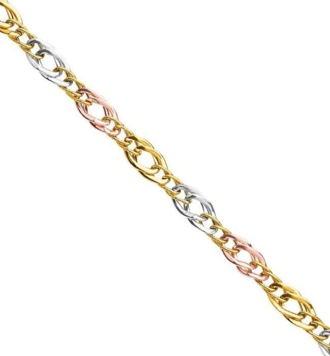 NEW 14K TRI COLOR GOLD FANCY HOLLOW BRACELET: NEW 14K TRI COLOR GOLD FANCY HOLLOW BRACELET FANCY HOLLOW BRACELET NEW 14K TRI COLOR GOLD LENGTH - 7.5in Apx WEIGHT - 4.8g