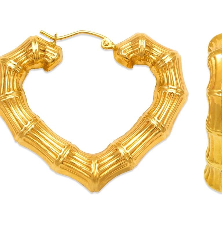 NEW 14K YELLOW GOLD BAMBOO HEART HOOP EARRINGS: NEW 14K YELLOW GOLD BAMBOO HEART HOOP EARRINGS BAMBOO HEART HOOP EARRINGS NEW 14K YELLOW GOLD Width: Approx. 4mm Apx WEIGHT: 4.8g