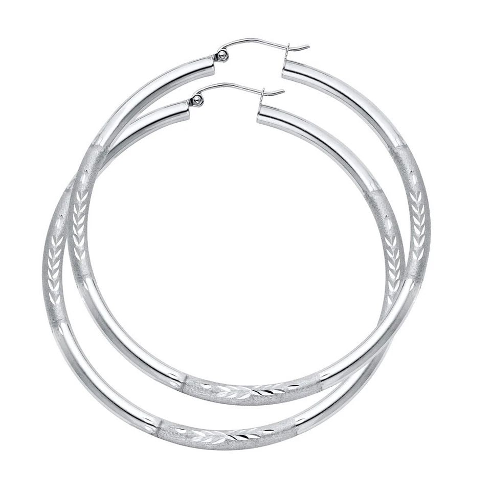 NEW 14K WHITE GOLD 3MM BUDDED DC HOOP EARRINGS: NEW 14K WHITE GOLD 3MM BUDDED DC HOOP EARRINGS 3MM BUDDED DC HOOP EARRINGS NEW 14K WHITE GOLD Height : 55 mm Width : 55 mm Weight : 3.6g