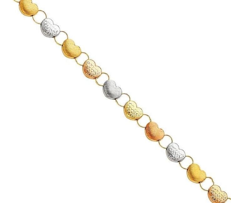 NEW 14K TRI COLOR GOLD LIGHT STAMPATO HEART BRACELET: NEW 14K TRI COLOR GOLD LIGHT STAMPATO BRACELET LIGHT STAMPATO BRACELET NEW 14K TRI COLOR GOLD LENGTH - 7.25in Apx WEIGHT - 4.7g