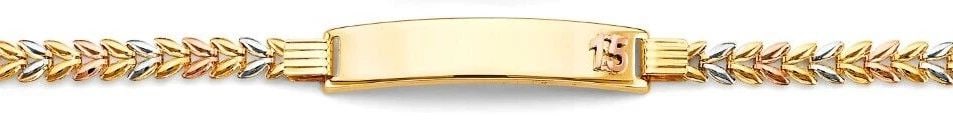 NEW 14K TRI COLOR GOLD 15 YEARS ID BRACELET: NEW 14K TRI COLOR GOLD 15 YEARS ID BRACELET 15 YEARS ID BRACELET NEW 14K TRI COLOR GOLD LENGTH - 7.5in Apx WEIGHT - 4.7g