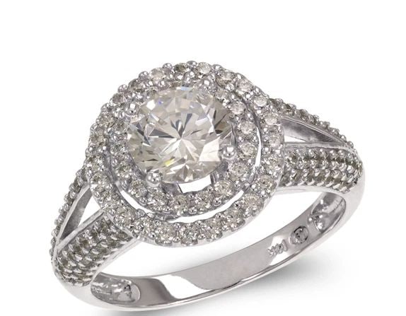 NEW 14K WHITE GOLD LADIES FANCY WHITE SOLITAIRE DOUBLE HALO RING (1 of 2)
