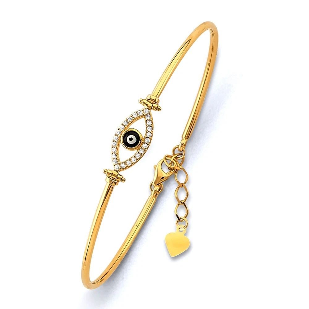 NEW 14K YELLOW GOLD ADJUSTABLE EVIL EYE OVAL BANGLE: NEW 14K YELLOW GOLD ADJUSTABLE EVIL EYE OVAL BANGLE ADJUSTABLE EVIL EYE OVAL BANGLE NEW 14K YELLOW GOLD LENGTH - 7in Apx WEIGHT - 3.4g