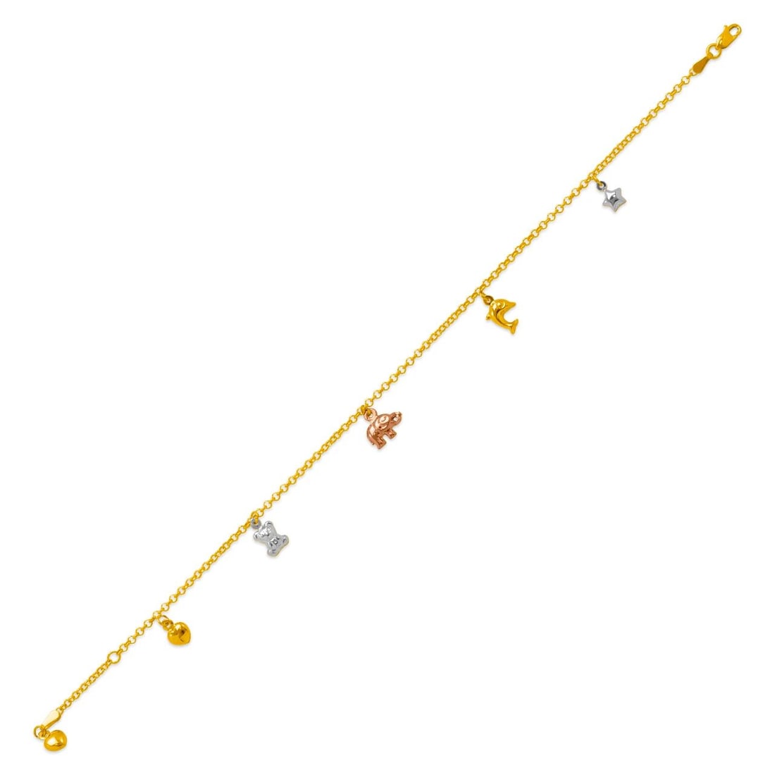 NEW 14K TRICOLOR GOLD CHARM ANKLET: NEW 14K TRICOLOR GOLD CHARM ANKLET CHARM ANKLET NEW 14K TRICOLOR GOLD LENGTH: 10" inch Apx WEIGHT: 4.6g