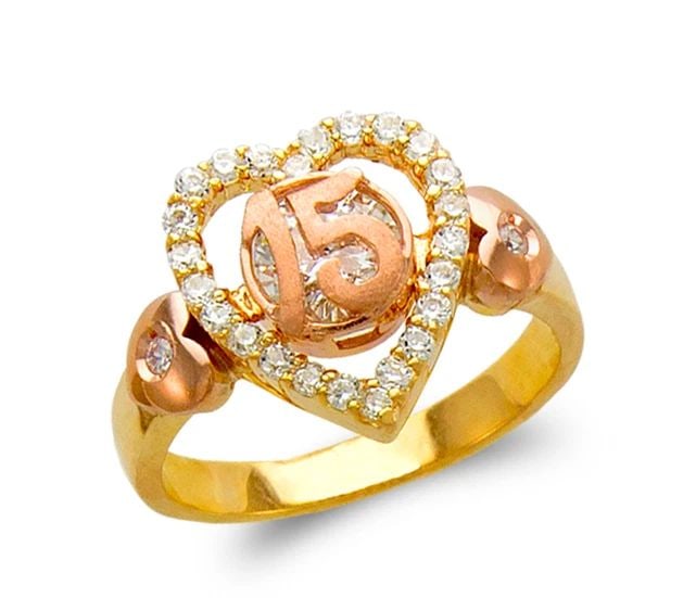 NEW 14K TWO TONE GOLD LADIES FANCY 15 ANOS HEART RING: NEW 14K TWO TONE GOLD LADIES FANCY 15 ANOS HEART RING LADIES FANCY 15 ANOS HEART RING NEW 14K TWO TONE GOLD Apx. WIDTH: 14mm Apx. WEIGHT: 4.6g