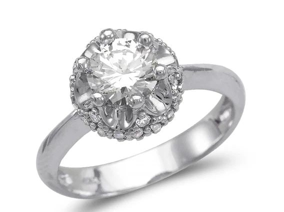 NEW 14K WHITE GOLD LADIES FANCY WHITE FLOWER SOLITAIRE BUD RING: NEW 14K WHITE GOLD LADIES FANCY WHITE FLOWER SOLITAIRE BUD RING LADIES FANCY WHITE FLOWER SOLITAIRE BUD RING NEW 14K WHITE GOLD Apx. WIDTH: 10mm Apx. WEIGHT: 4.6g
