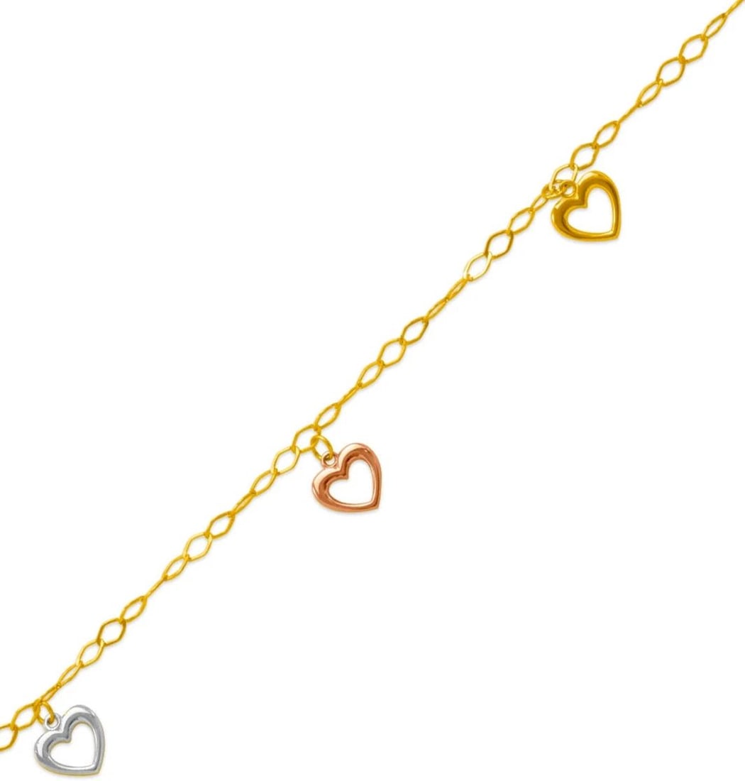 NEW 14K TRI COLOR GOLD OPEN HEART CHARM ANKLET: NEW 14K TRI COLOR GOLD CHARM ANKLET 14K Tri color Gold Approx. 2.5mm Link Approx. 9mm Charm 10" Long High Polished Lobster Lock Weight: 3.1 Grams