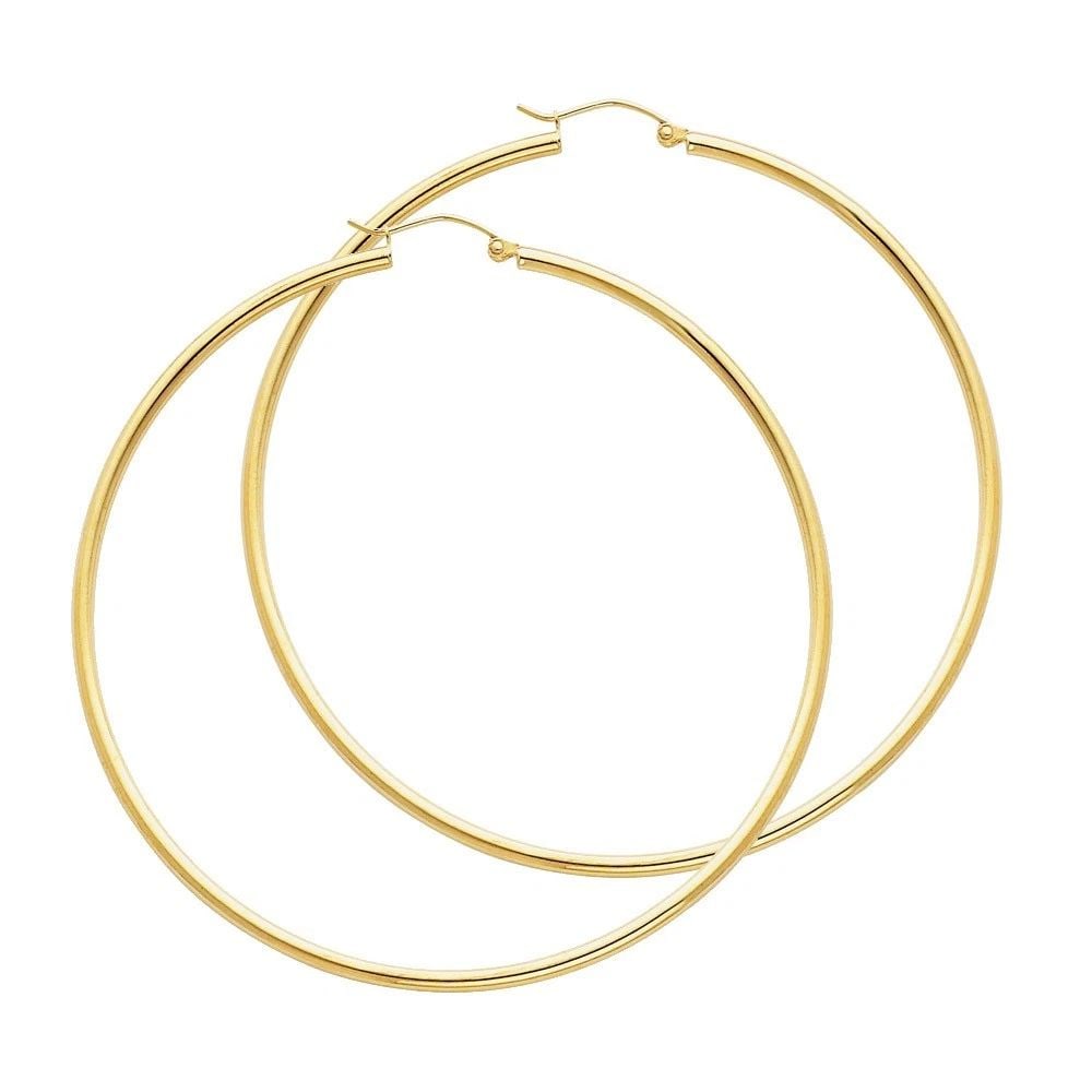 NEW 14K YELLOW GOLD 2MM ROUND TUBE POLISHED HOOP EARRINGS (65MM): NEW 14K YELLOW GOLD 2MM ROUND TUBE POLISHED HOOP EARRINGS (65MM) 2MM ROUND TUBE POLISHED HOOP EARRINGS (65MM) NEW 14K YELLOW GOLD HEIGHT - 65 mm WIDTH - 65 mm Apx WEIGHT - 3.4 g