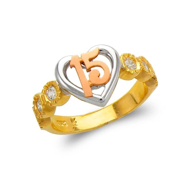 NEW 14K TRICOLOR GOLD LADIES FANCY 15 ANOS RING: NEW 14K TRICOLOR GOLD LADIES FANCY 15 ANOS RING LADIES FANCY 15 ANOS RING NEW 14K TRICOLOR GOLD SIZE Apx: 10mm Apx. WEIGHT: 4.5g