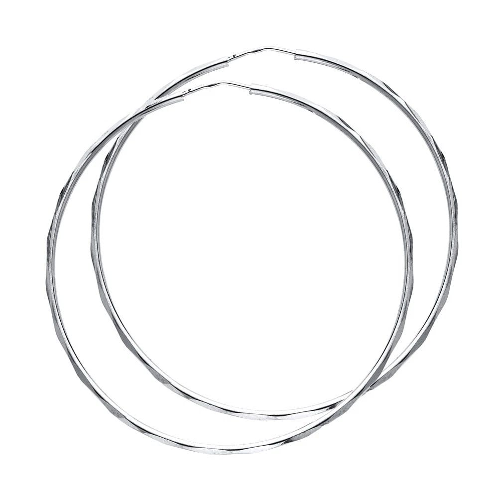 NEW 14K WHITE GOLD 1.5MM FACETED ROUND TUBE HOOP EARRINGS (45MM): NEW 14K WHITE GOLD 1.5MM FACETED ROUND TUBE HOOP EARRINGS (45MM) 1.5MM FACETED ROUND TUBE HOOP EARRINGS (45MM) NEW 14K WHITE GOLD Height : 45 mm Width : 45 mm Weight : 3.4g