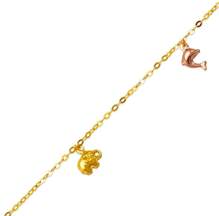 NEW 14K TRI COLOR GOLD ELEPHANT/ DOLPHIN CHARM ANKLET: NEW 14K TRI COLOR GOLD ELEPHANT/ DOLPHIN CHARM ANKLET 14K Tri color Gold Approx. 2.0mm Bracelet, 11mm Charms 10" Long High Polished Lobster Lock Weight: 3.0 Grams