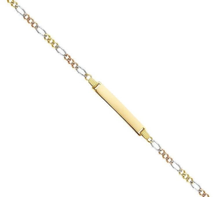 NEW 14K TRI COLOR GOLD FIGARO 3+1 ID BRACELET: NEW 14K TRI COLOR GOLD FIGARO 3+1 ID BRACELET FIGARO 3+1 ID BRACELET NEW 14K TRI COLOR GOLD LENGTH - 7.5in Apx WEIGHT - 4.4g