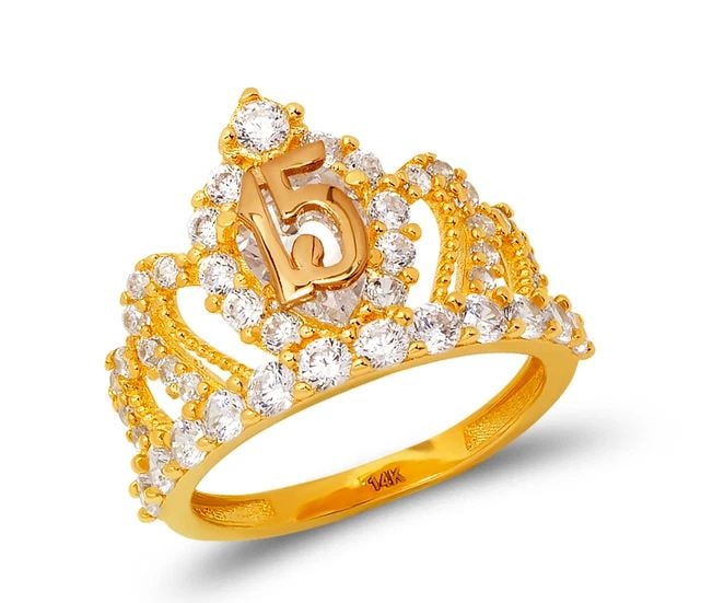 NEW 14K TWO TONE GOLD LADIES 15 ANOS TIARA RING: NEW 14K TWO TONE GOLD LADIES 15 ANOS TIARA RING LADIES 15 ANOS TIARA RING NEW 14K TWO TONE GOLD Apx. WIDTH: 15mm Apx. WEIGHT: 4.4g