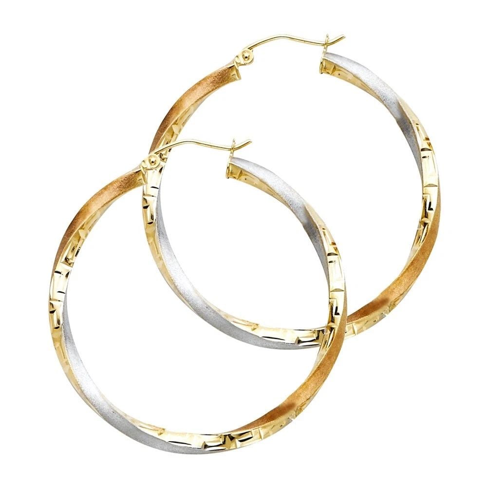 NEW 14K TRI COLOR GOLD SWIRL FANCY HOOP EARRINGS (40MM) (1 of 2)