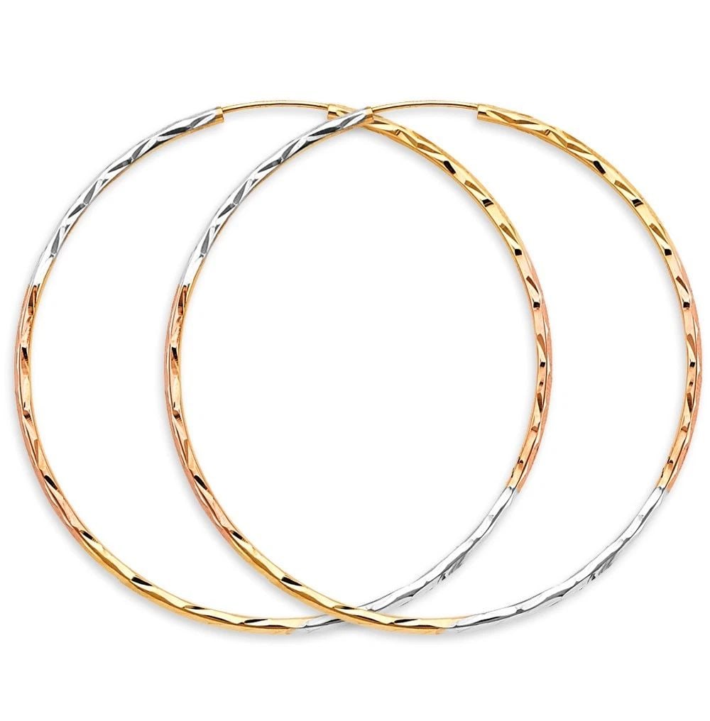 NEW 14K TRI COLOR GOLD 1.8MM TUBE DC ENDLESS HOOP EARRINGS: NEW 14K TRI COLOR GOLD 1.8MM TUBE DC ENDLESS HOOP EARRINGS 1.8MM TUBE DC ENDLESS HOOP EARRINGS NEW 14K TRI COLOR GOLD HEIGHT - 55 mm WIDTH - 55 mm Apx WEIGHT - 3.2 g