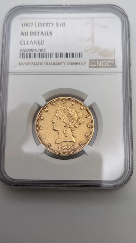 1907 $10 GOLD LIBERTY HEAD COIN NGC AU DETAILS CLEANED (1 of 2)