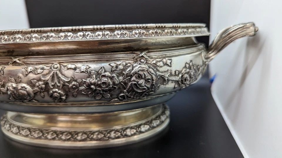 1900'S GORHAM STERLING SILVER COMEDY AND TRAGEDY BOWL - 39 OZT - 10" WIDE (1 of 2)
