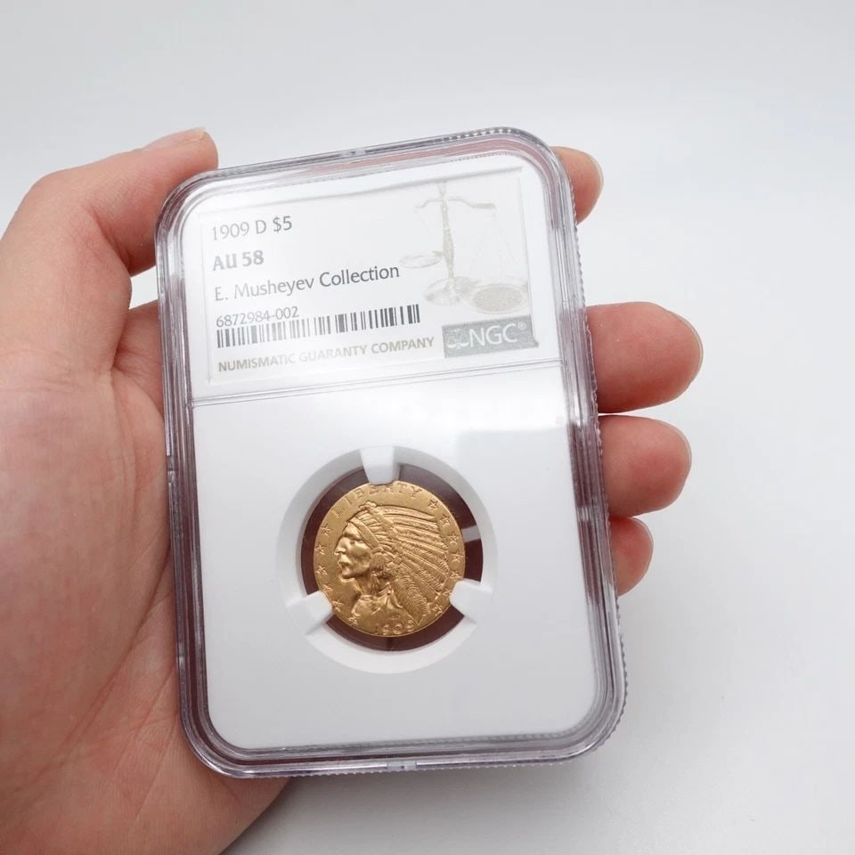 1909 D $5 GOLD INDIAN HEAD HALF EAGLE COIN E. MUSHEYEV COLLECTION - NGG AU 58 (1 of 2)