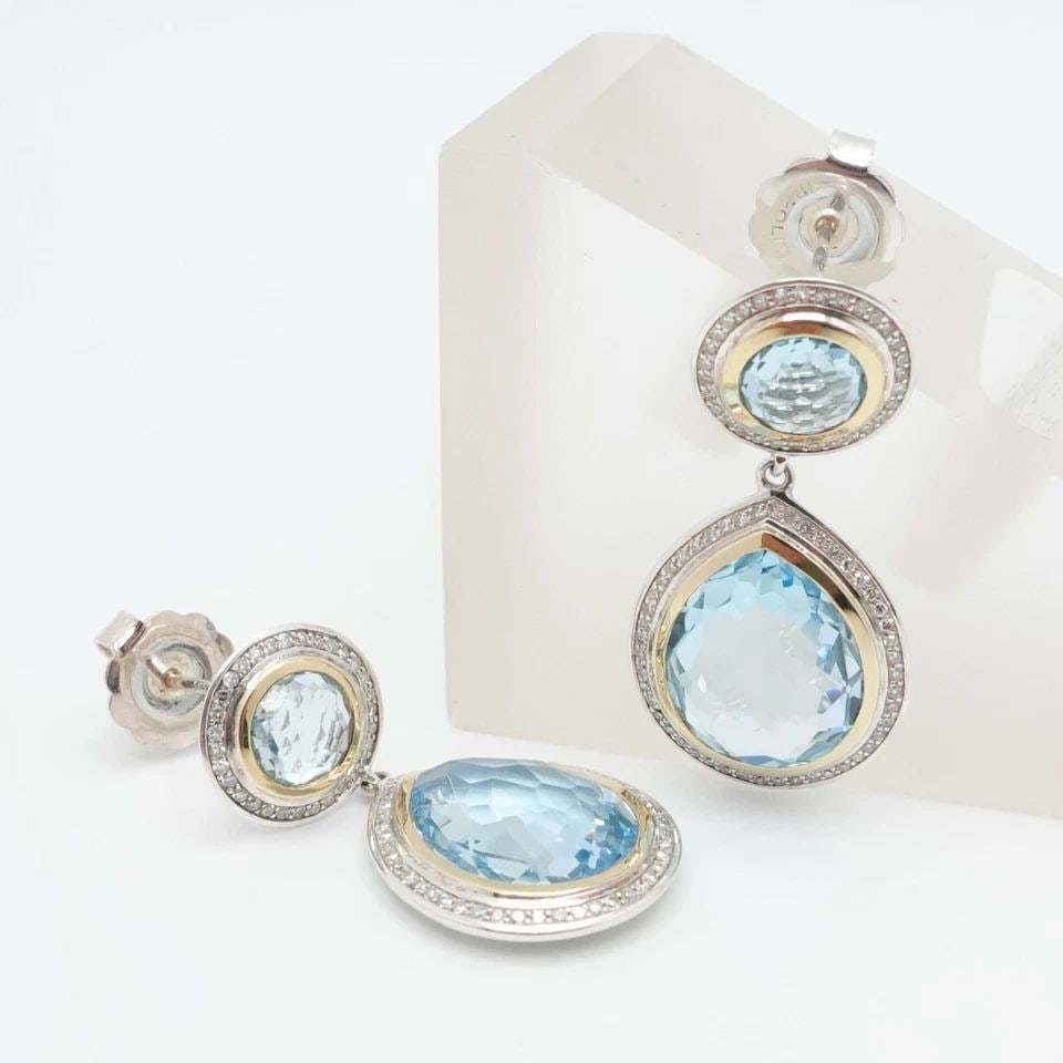 IPPOLITA STERLING SILVER 18K YELLOW GOLD BLUE TOPAZ DIAMOND STUD DANGLE EARRINGS: IPPOLITA STERLING SILVER 18K YELLOW GOLD BLUE TOPAZ DIAMOND STUD DANGLE EARRINGS IPPOLITA Sterling Silver & 18K Yellow Gold Blue Topaz & Diamond Halo Stud Dangle Earrings Height - 1.37" Width - 17mm D
