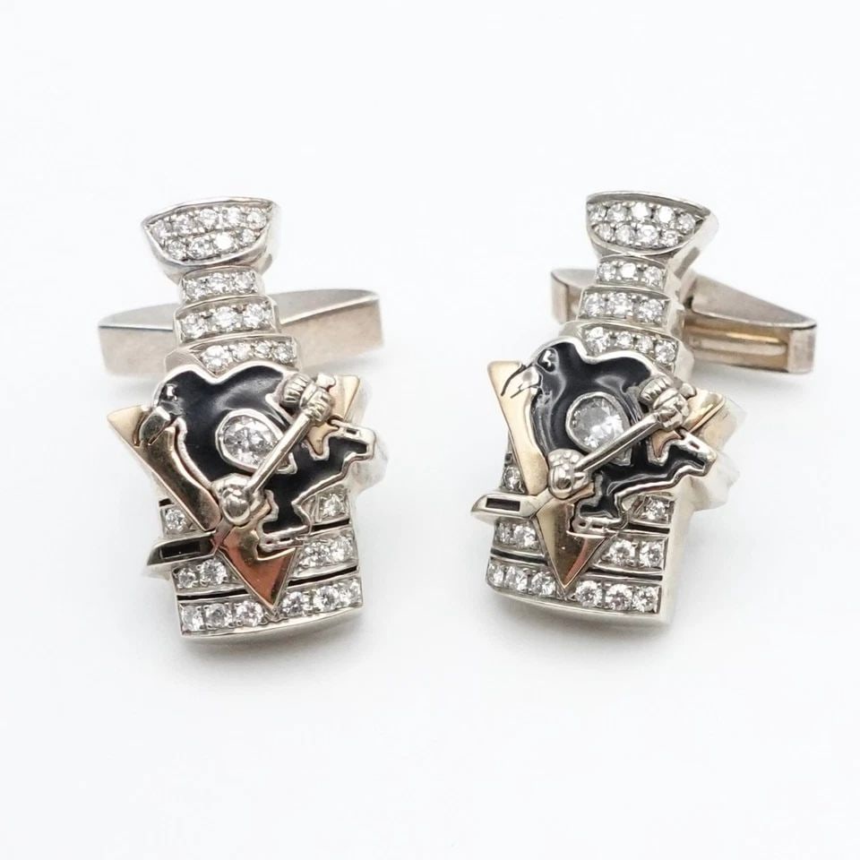 10K WHITE GOLD STERLING SILVER PITTSBURGH PENGUIN STANLEY CUP DIAMOND CUFFLINKS (1 of 1)