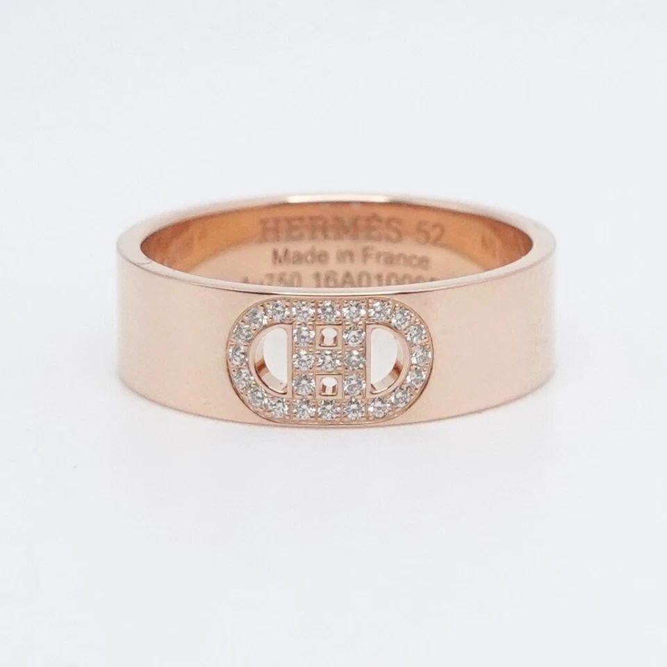 HERMES 18K ROSE GOLD H D'ANCRE DIAMOND 5.5MM BAND RING - SIZE 6: HERMES 18K ROSE GOLD H D'ANCRE DIAMOND 5.5MM BAND RING - SIZE 6 Hermes 18K Rose Gold H D'Ancre Diamond Band Small Model Ring Size - 6 (52 EU) Band Width - 5.5mm (0.21") Total Weight - 4.9 Grams Style 