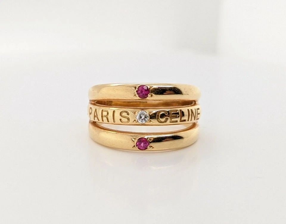 CELINE PARIS 18K YELLOW GOLD DIAMOND & RUBY BAND RING - SIZE 6.75 (1 of 1)