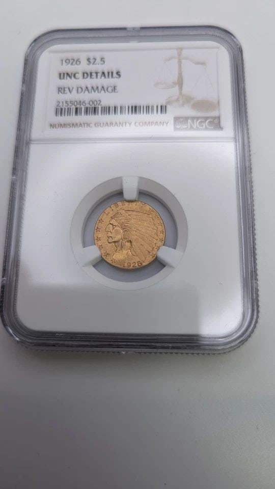 1926 $2.5 GOLD INDIAN HEAD QUARTER EAGLE COIN NGC UNC DETAILS: 1926 $2.5 Gold Indian Head Quarter Eagle NGC UNC Details REV Damage