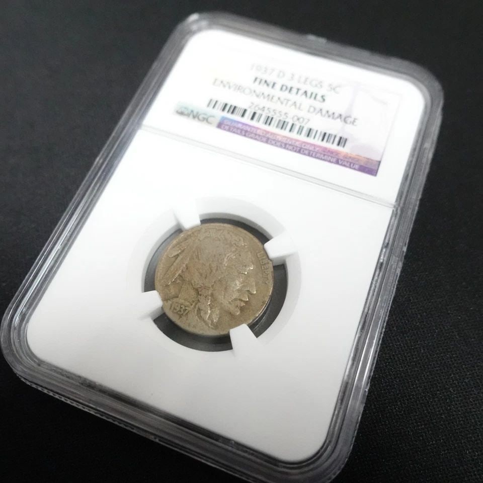 1937 D 5C INDIAN HEAD 3 LEGS BUFFALO COIN - NGC FINE DETAILS: 1937 D 5C Indian Head 3 Legs Buffalo Coin NGC Certified - Fine Details ENVIRONMENTALLY DAMAGE