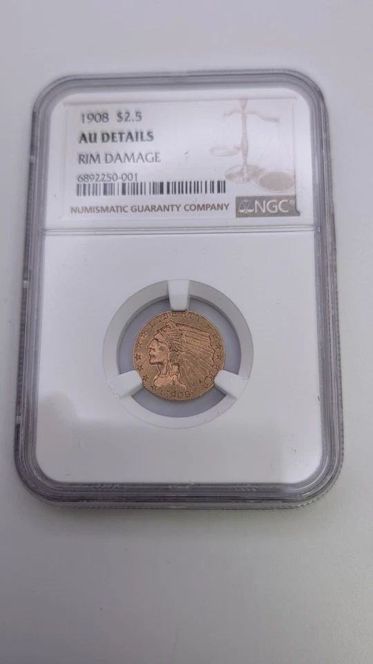 1908 $2.5 GOLD INDIAN HEAD QUARTER EAGLE COIN NGC AU DETAILS: 1908 $2.5 Gold Indian Head Quarter Eagle Coin NGC AU Details Rim Damage