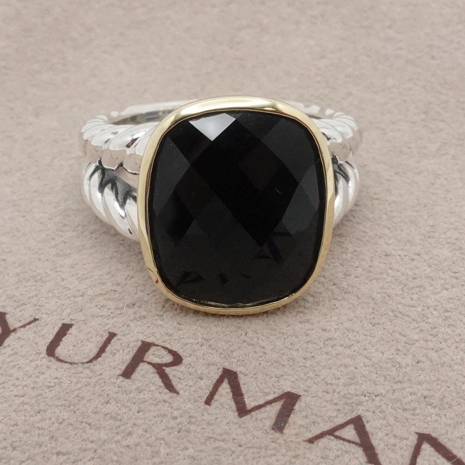 DAVID YURMAN STERLING SILVER 18K YELLOW GOLD BLACK ONYX CABLE RING 7.25: DAVID YURMAN STERLING SILVER 18K YELLOW GOLD BLACK ONYX CABLE RING 7.25 David Yurman Sterling Silver 18K Yellow Gold Black Onyx Cable Ring Ring Size - 7.25 Band Width - 4mm Gemstone Size - 15.5x13.5mm